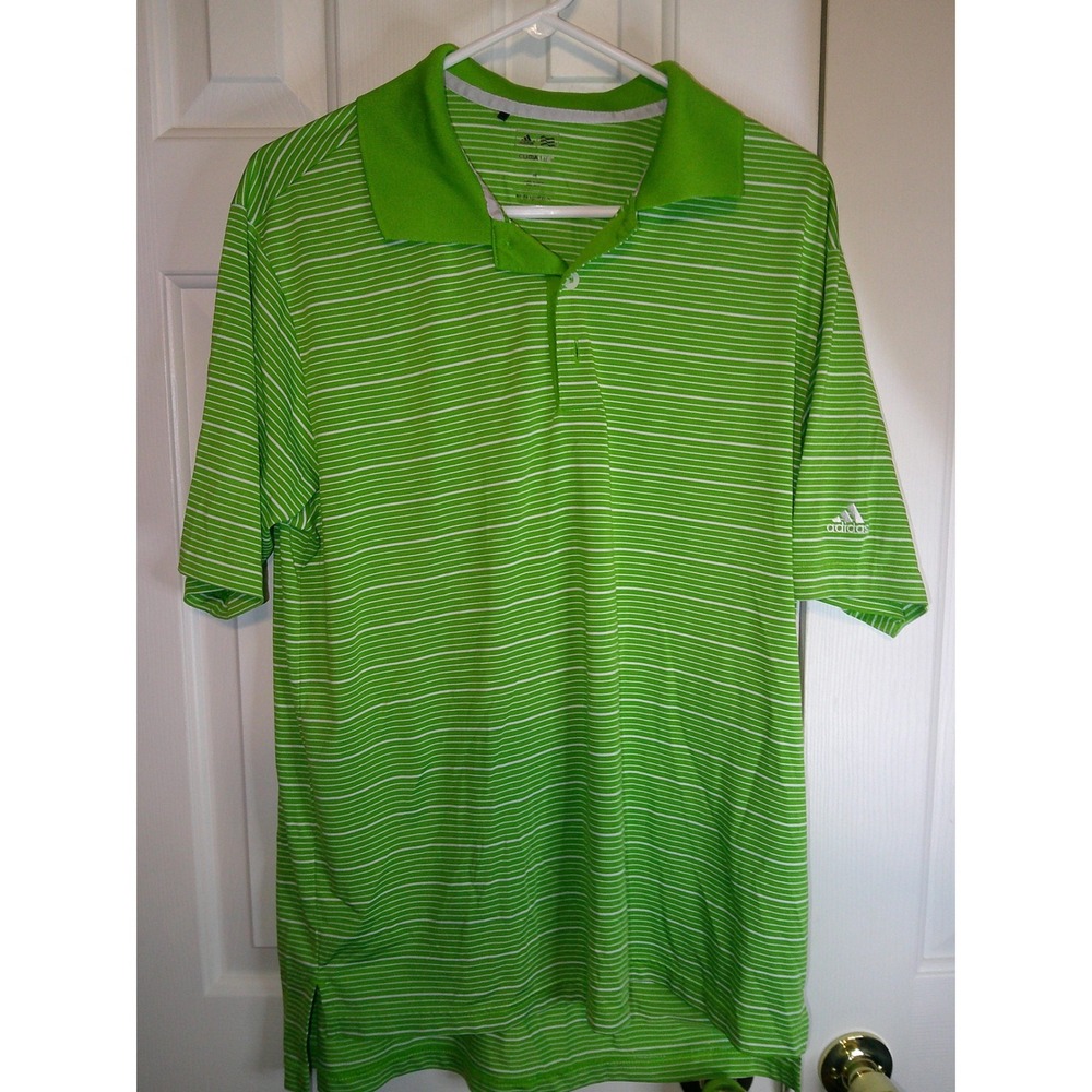 Adidas Golf Polo Shirt ClimaLite Striped Athletic Green White‎ Mens M